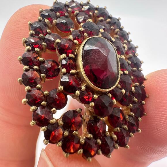 Antique signed solid 9kt gold genuine pyrope bohemian garnets brooch pin 6.39g - Picture 5 of 12